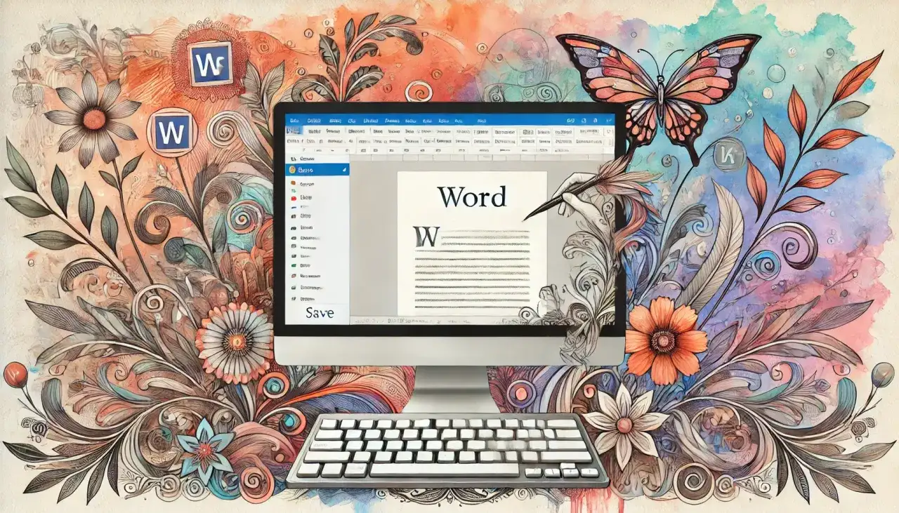 Komputer z programem Word, klawiatura i ozdobne kwiaty. Dowiedz się, jak zrobić cudzysłów w Wordzie, by pięknie formatować tekst.