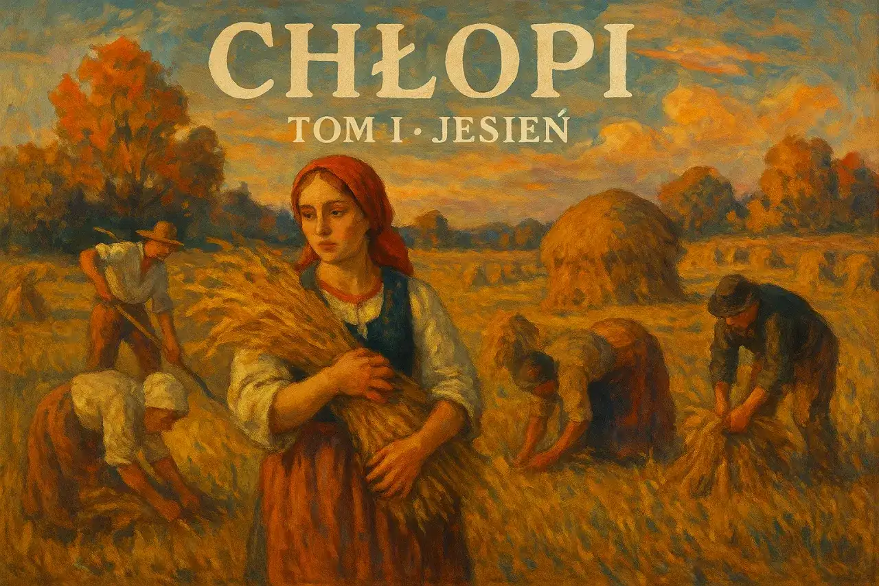 Obraz przedstawia scenę żniw jesienią. Kobieta z koszem zboża na pierwszym planie, w tle pracujący chłopi i stogi siana.