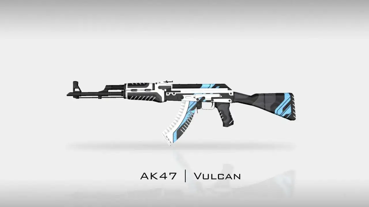 AK-47 Vulcan skin z niebieskimi i białymi wzorami na czarnym tle.