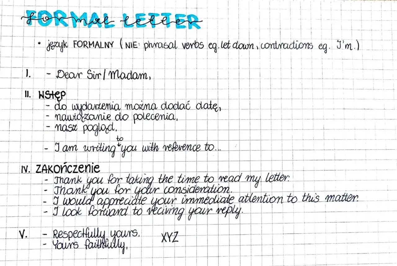 Zapiski o języku formalnym i strukturze listu: nagłówek "FORMAL LETTER", zwroty grzecznościowe, wstęp, zakończenie. Trzecia forma write jest kluczowa.