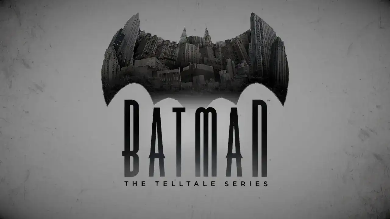 Logo gry Batman: The Telltale Series z Gotham w tle. Czekasz na batman telltale spolszczenie?