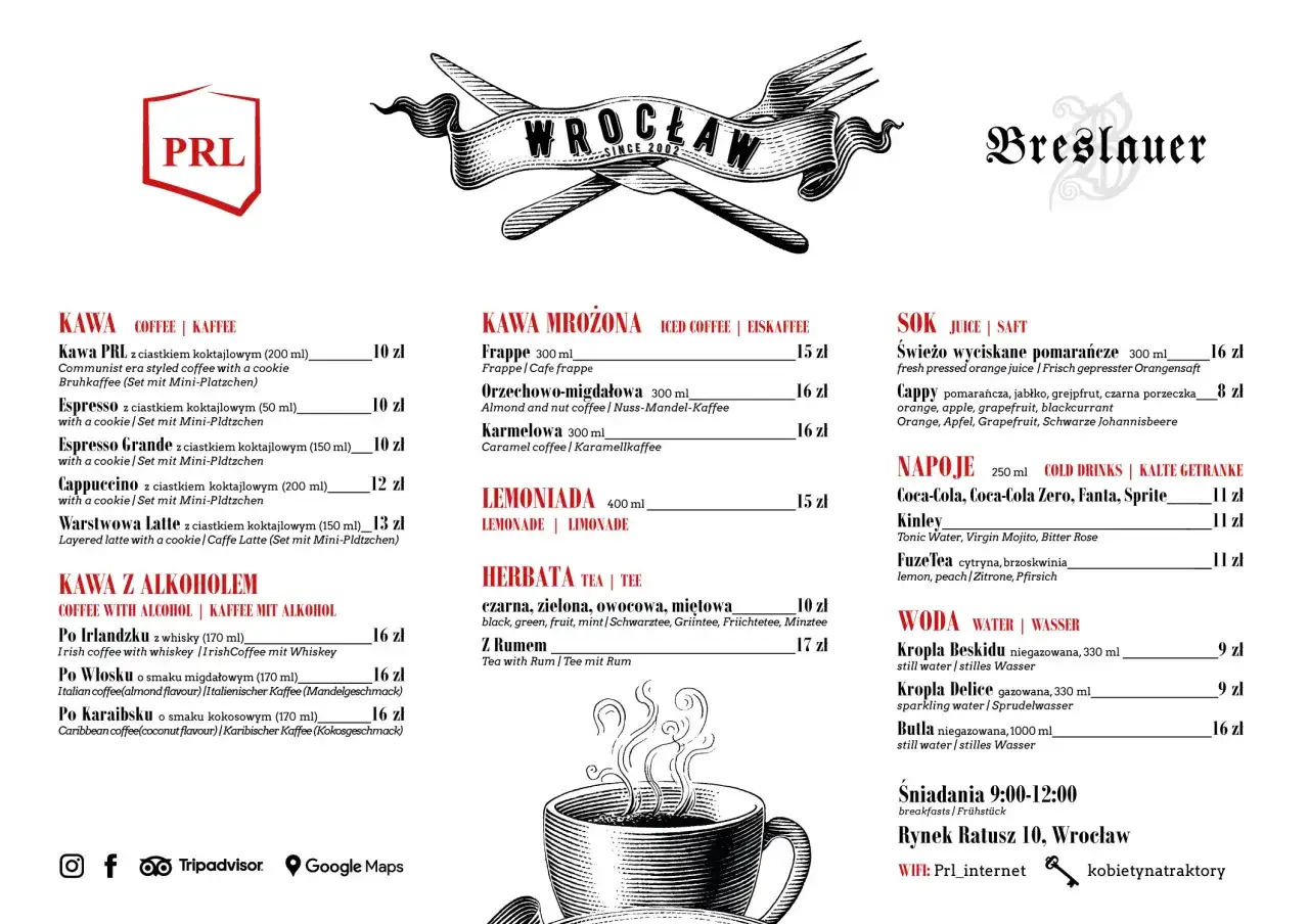 Menu z napojami i kawami w stylu PRL, z logiem "PRL" i grafiką widelca i noża.