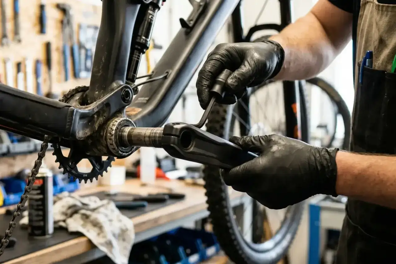 Rękawiczki i klucz imbusowy pomagają w demontażu korby rowerowej. Dowiedz się, jak zdjąć korbę w rowerze bez ściągacza.