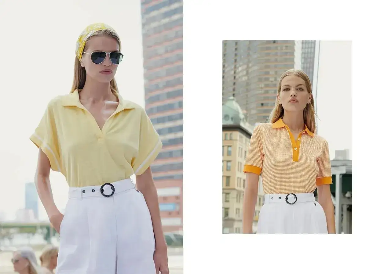 Dwie kobiety w letnich stylizacjach. Jedna w żółtej bluzce polo i białych szortach, druga w pomarańczowej. Czy białe spodnie pogrubiają? Te szorty wyglądają świetnie!