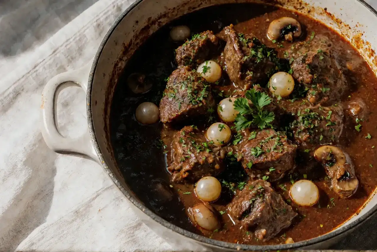 Aksamitne wołowina po burgundzku w sosie z cebulkami i pieczarkami, posypana natką pietruszki.
