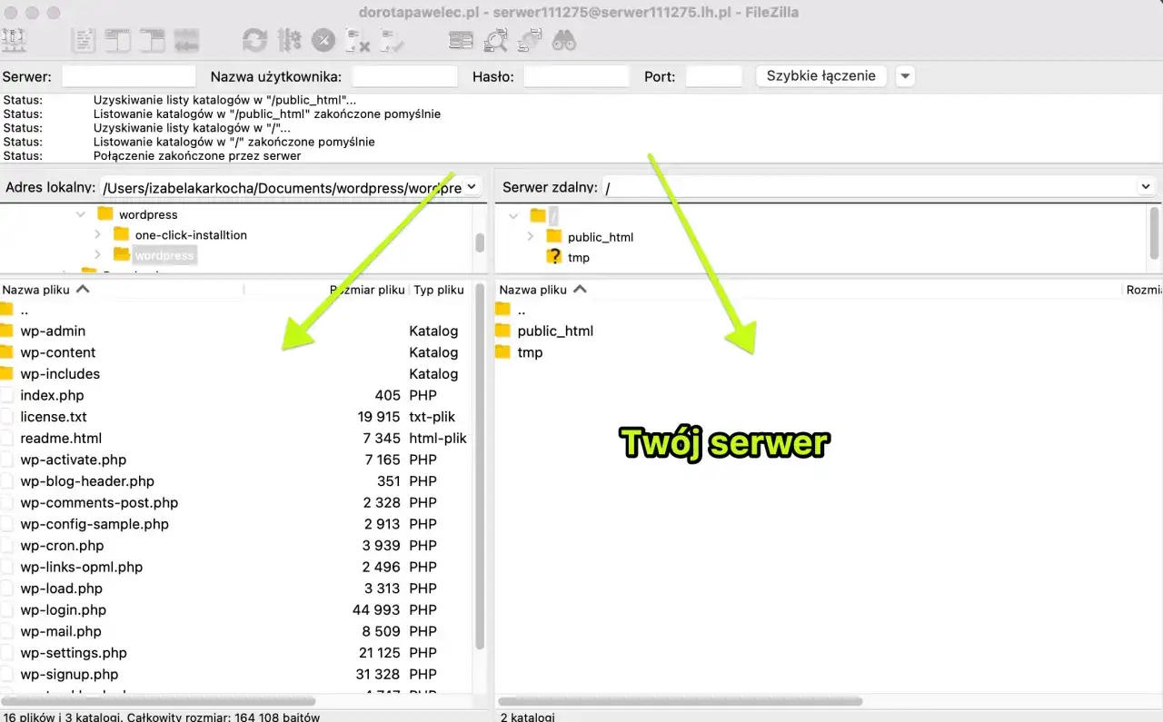 FileZilla pokazuje, jak zainstalować WordPress na serwerze, przesyłając pliki do katalogu public_html.