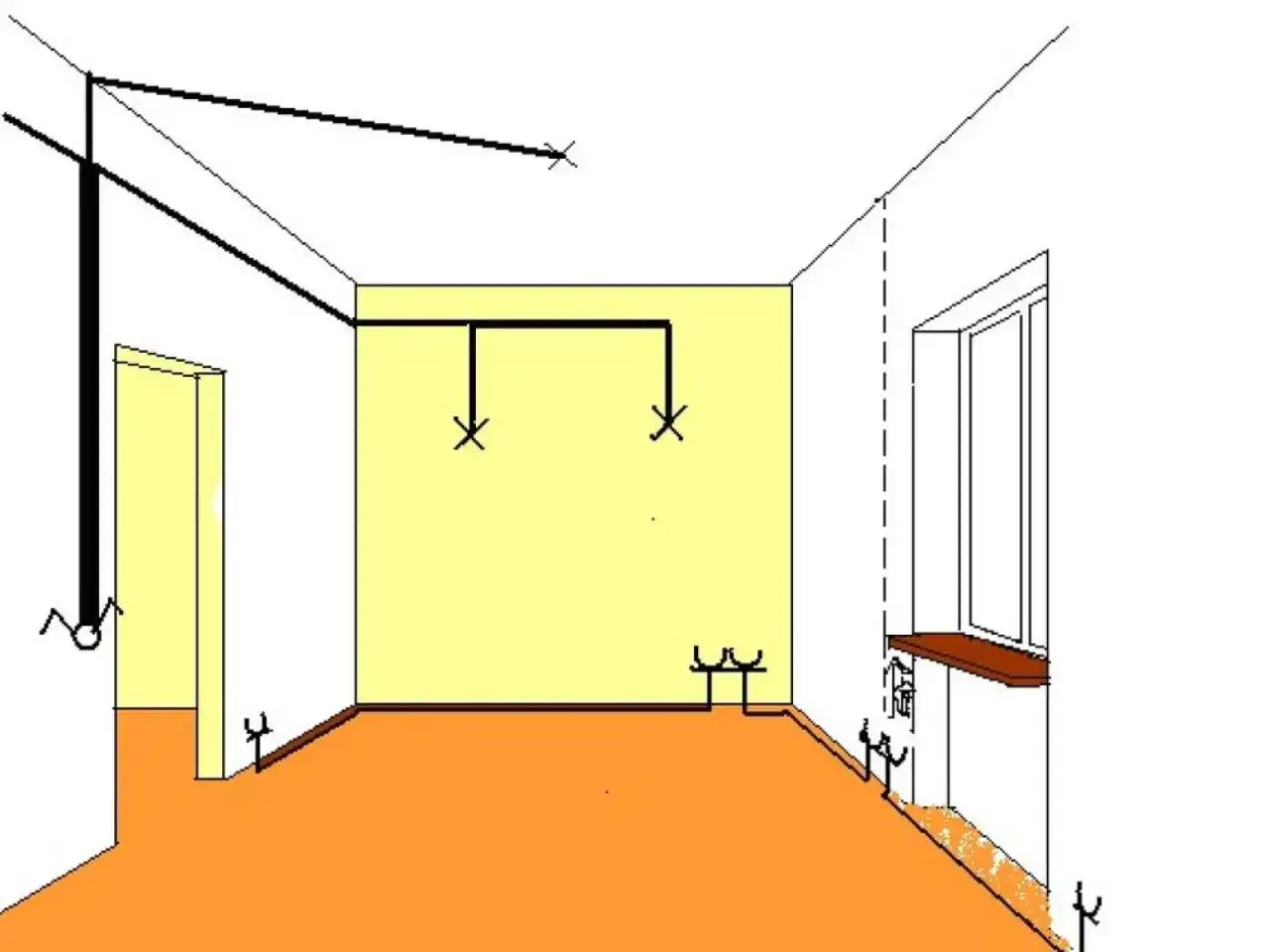 Schemat pokoju z zaznaczonymi punktami instalacji elektrycznej, sugerujący samodzielny montaż instalacji elektrycznej.
