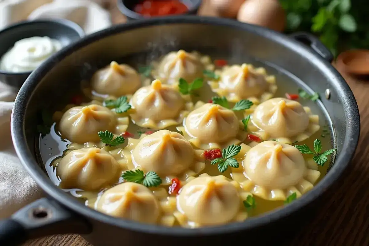 Jak gotować pierogi? W garnku bulgocze aromatyczny bulion z pierożkami, ozdobiony natką pietruszki i papryczką chili.