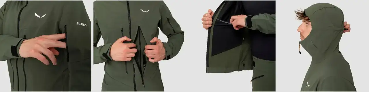Zielona kurtka softshell bez membrany, z zamkami i logo Salewa. Idealna na wędrówki.