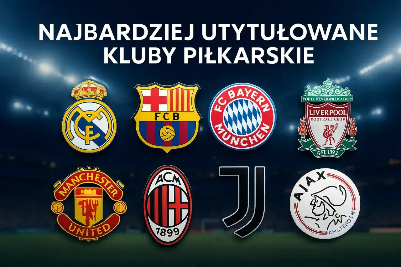Herb Real Madryt, FC Barcelona, Bayern Monachium, Liverpool, Manchester United, AC Milan, Juventus, Ajax - znane kluby piłkarskie.