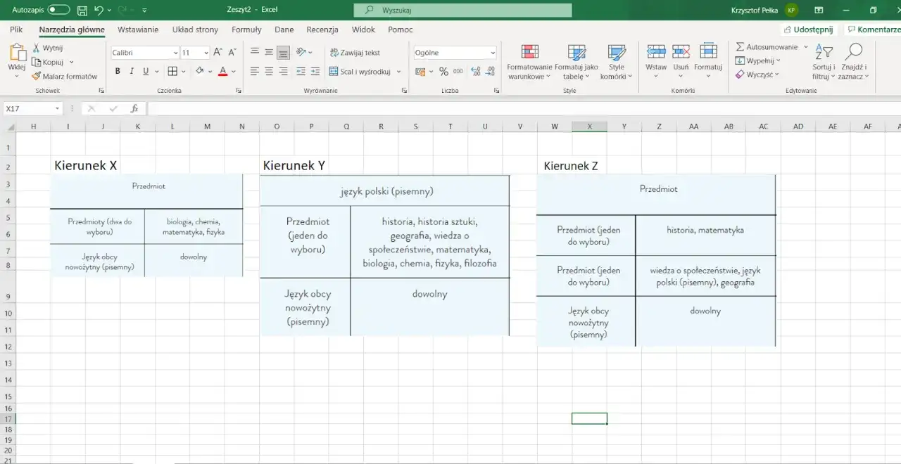Tabela w Excelu z podziałem na kierunki studiów i przedmioty do wyboru na maturze.