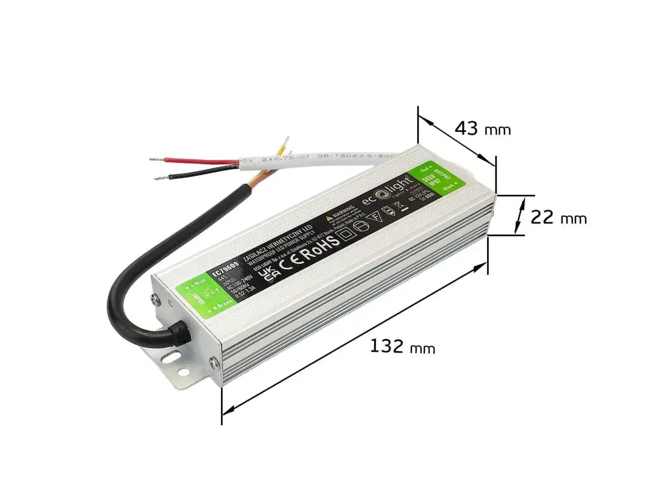 Zasilacz hermetyczny 12V do oświetlenia LED w domu, z oznaczeniami IP67 i mocą 60W.