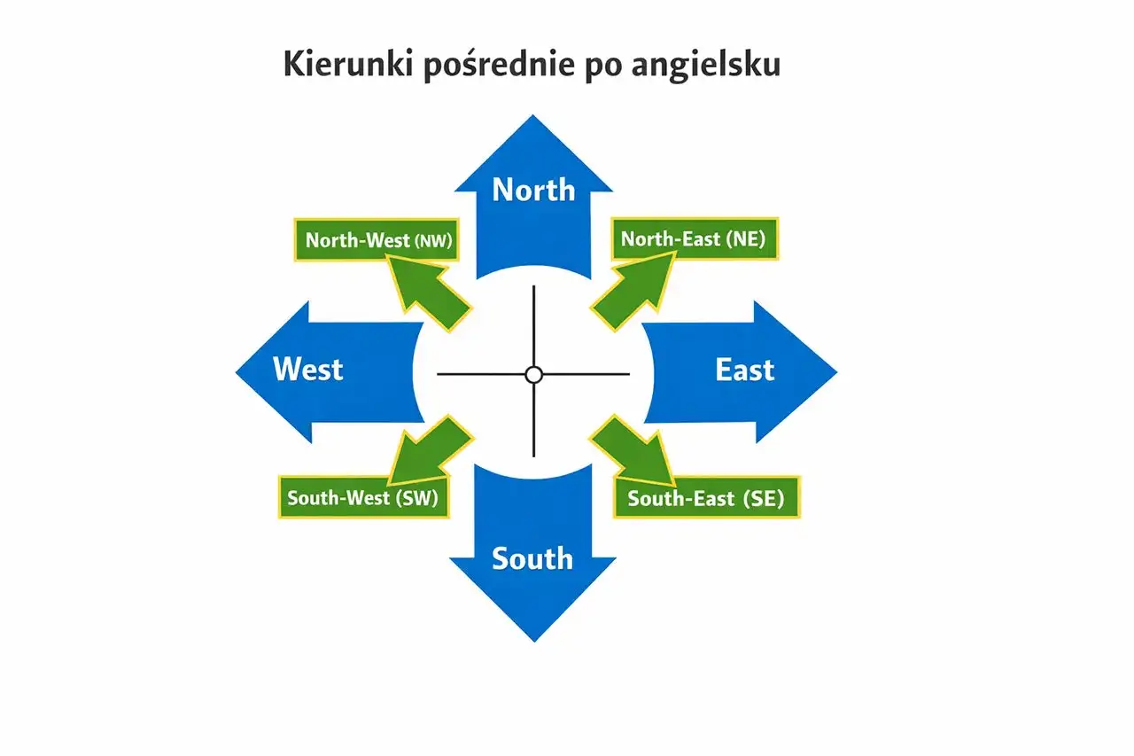 Kierunki świata po angielsku: North, South, East, West, North-West, North-East, South-West, South-East.