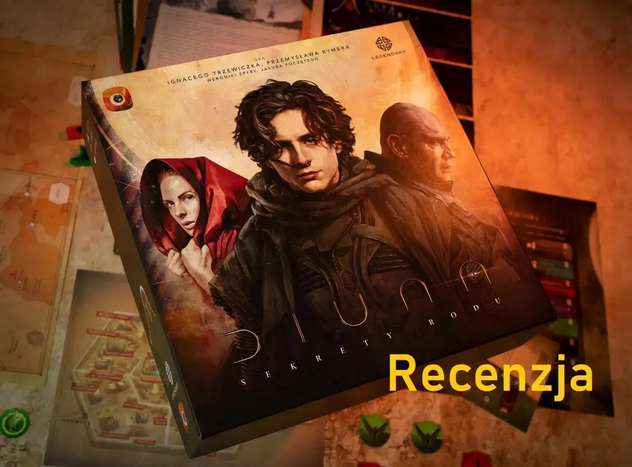 Plansza gry "Diuna: Sekrety Arrakis" z postaciami z filmu. Zapowiada się ciekawa recenzja książki i gry.