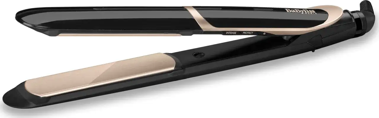 Elegancka czarno-złota prostownica BaByliss Paris, która nie niszczy włosów, z trybami Intense i Protect.
