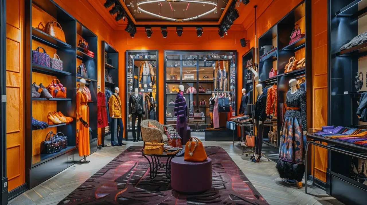 Elegancki butik z odzieżą, gdzie prezentowane są luksusowe francuskie marki odzieżowe. Wnętrze w intensywnym kolorze pomarańczowym, z półkami pełnymi torebek i butów.