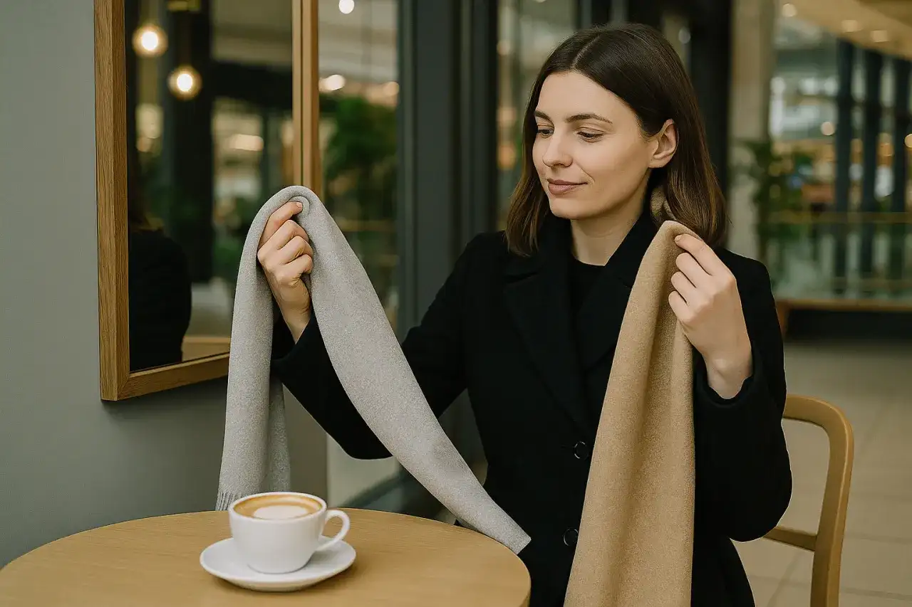 Kobieta w czarnym płaszczu wybiera szalik - jasnoszary i beżowy.