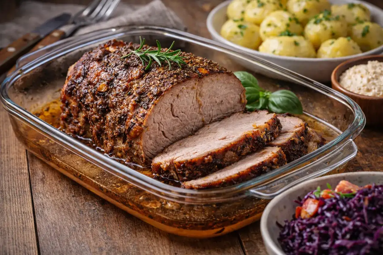 Soczysta, pieczona karkówka z ziołami, podana z ziemniakami i czerwoną kapustą. Idealna na rodzinny obiad.