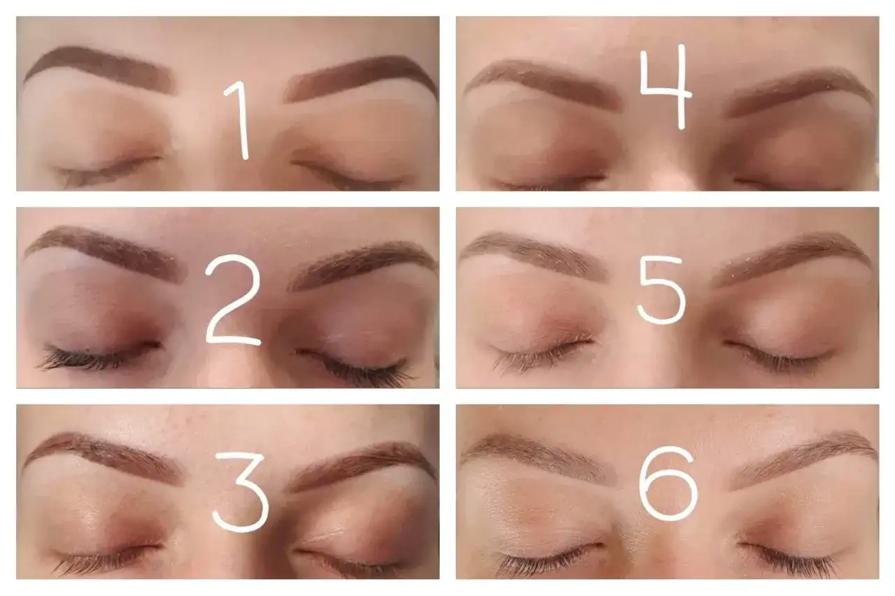 Sześć zdjęć przedstawiających brwi w różnych etapach gojenia makijażu permanentnego, ponumerowanych od 1 do 6.