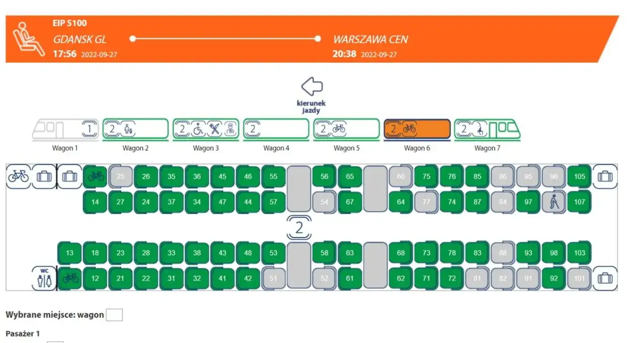 Schemat wagonów EIP 5100 relacji Gdańsk - Warszawa. Widać miejsca dla rowerów, bagażu, osób niepełnosprawnych i standardowe.