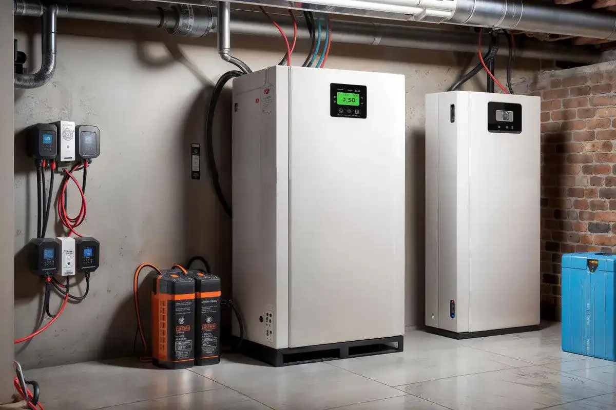 Białe magazyny energii, baterie i urządzenia sterujące w pomieszczeniu technicznym.