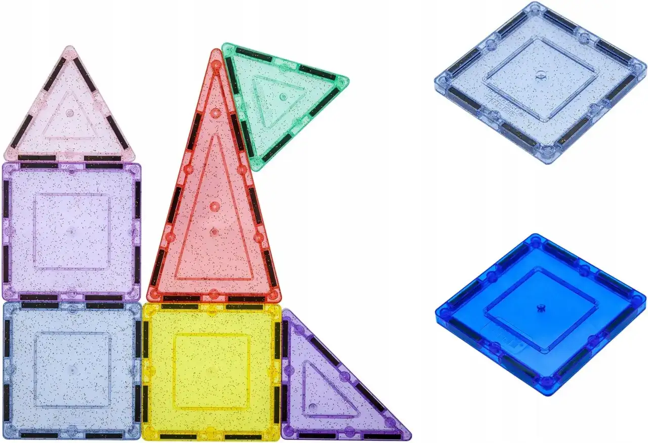 Kolorowe klocki magnetyczne Picasso tworzą wieżę i inne kształty.