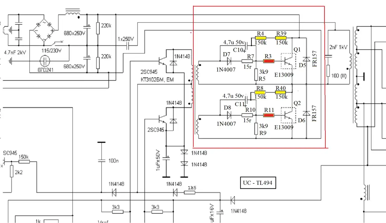 Schemat zasilacza LED z układem UC-TL494, tranzystorami E13009 i elementami sterującymi.