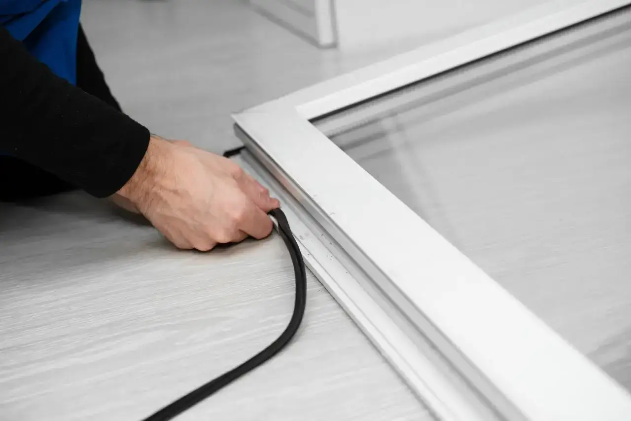 Ręce przykładają czarną uszczelkę do białej ramy okna, pokazując, jak przykleić uszczelkę do drzwi.