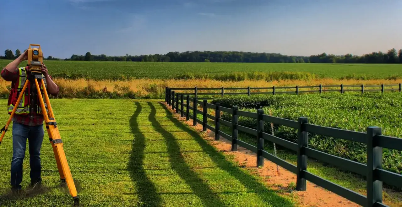 Geodeta mierzy teren za pomocą tachimetru na statywie, na tle pól i płotu.