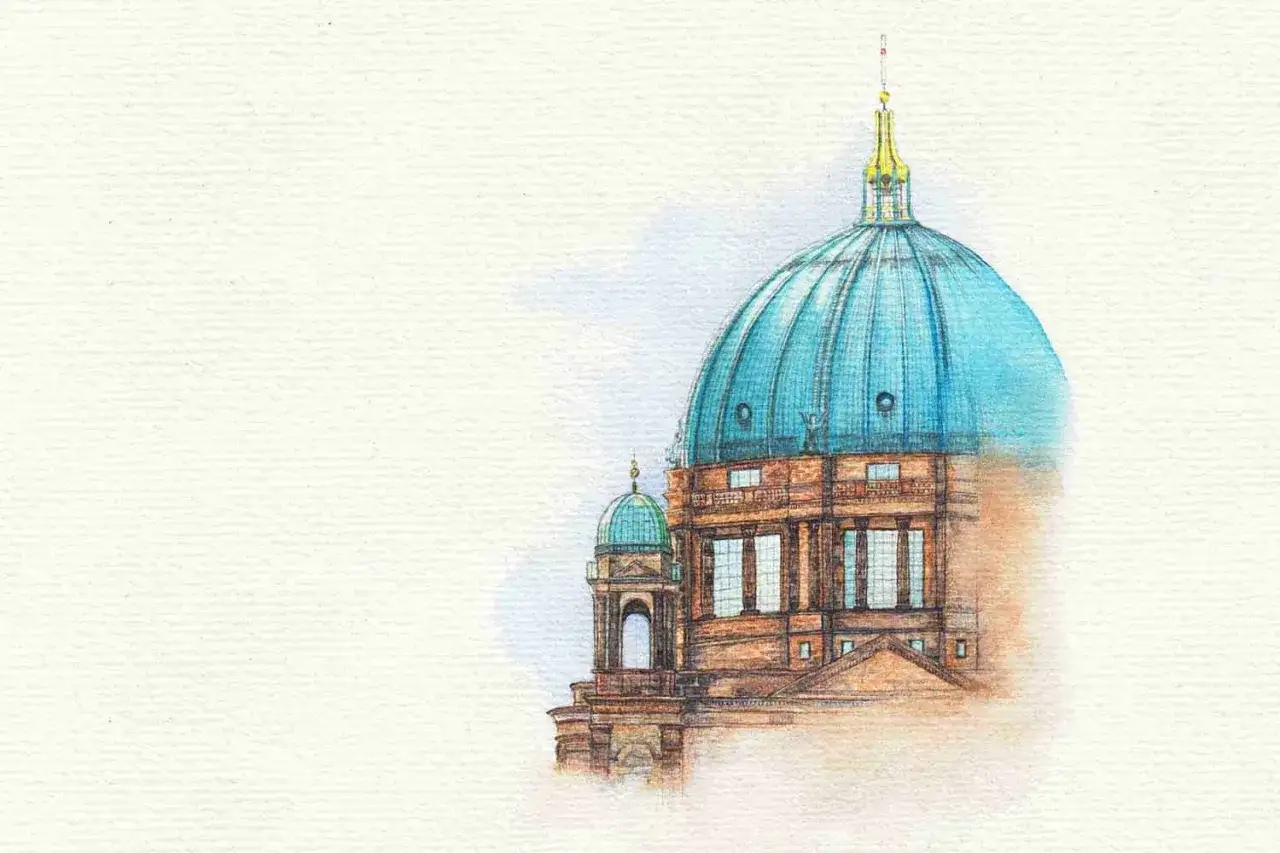 Zeichnung einer blauen Kuppel eines historischen Gebäudes auf weißem Hintergrund.