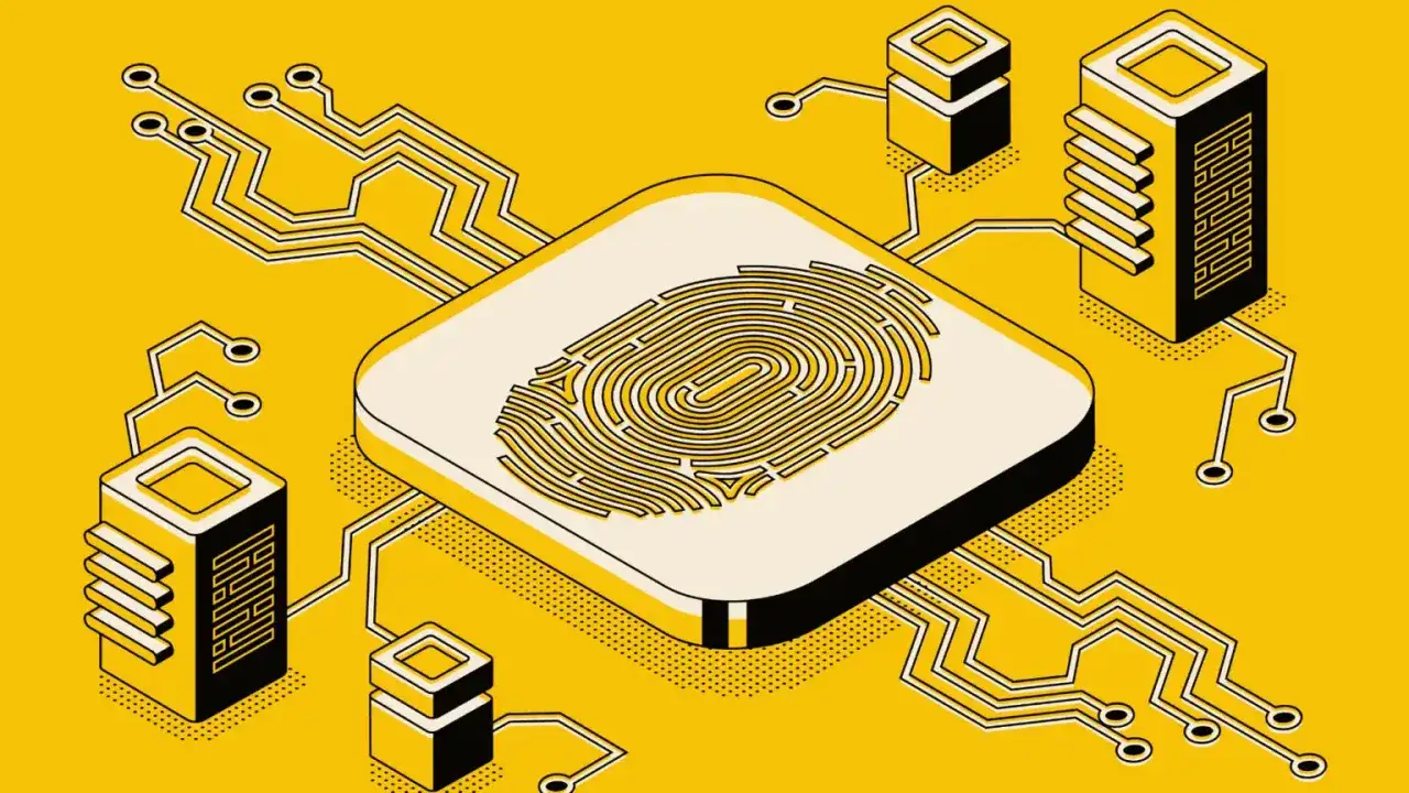 Cyfrowy odcisk palca na procesorze, otoczony przez elementy układu scalonego. Tak kim jesteśmy przeglądarkami w świecie danych.