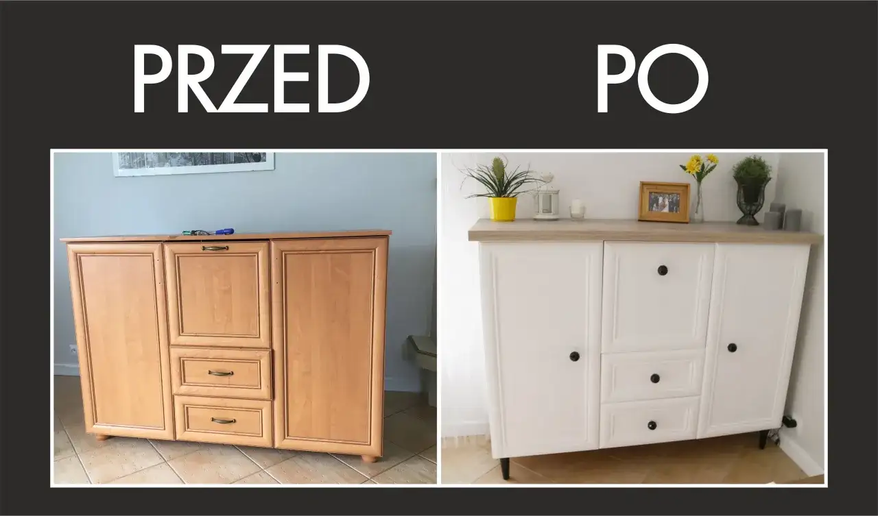 Przed i po metamorfozie drewnianej komody: stara, jasnobrązowa i odnowiona, biała.