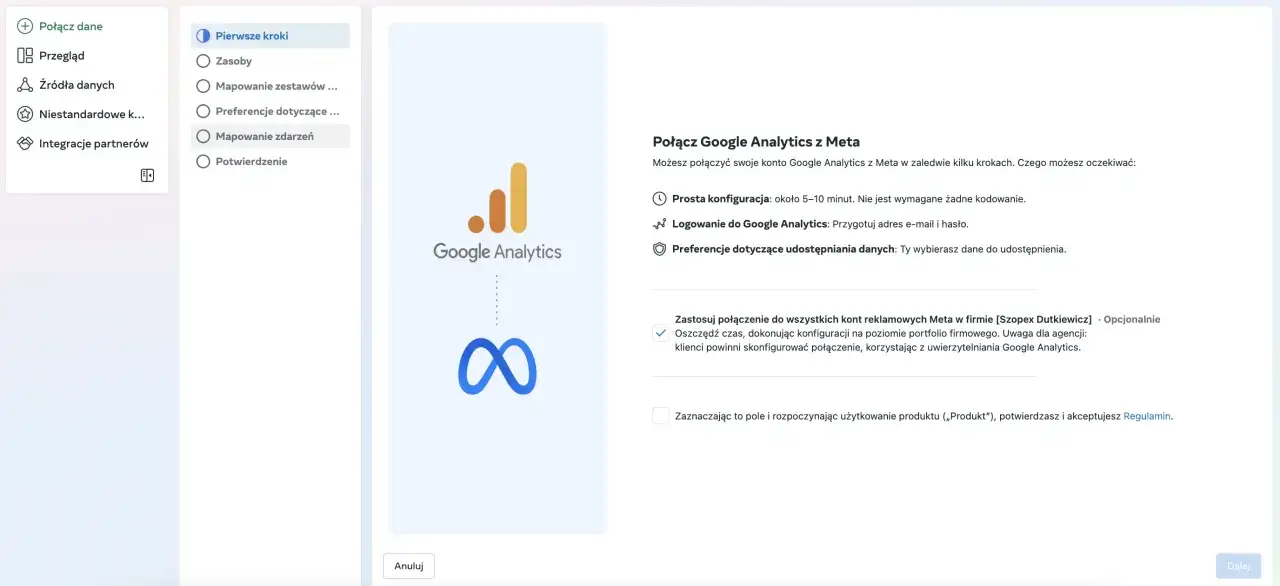 Konfiguracja połączenia Google Analytics z Meta. Umożliwia cross-network ga4.