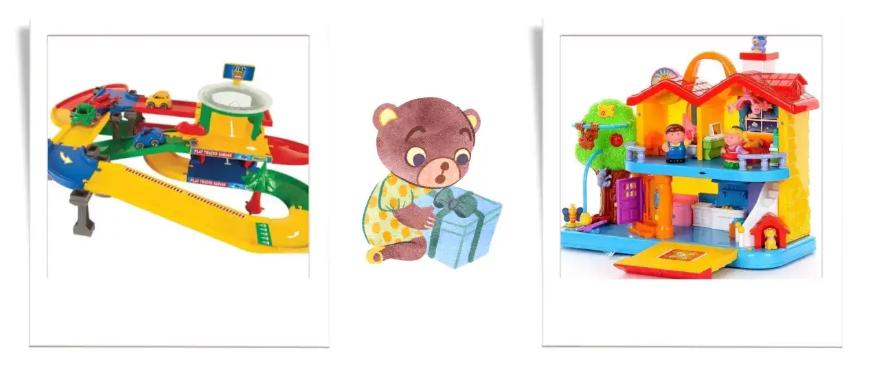Kolorowy tor wyścigowy, miś z prezentem i domek dla lalek – idealne prezenty dla dwulatka.