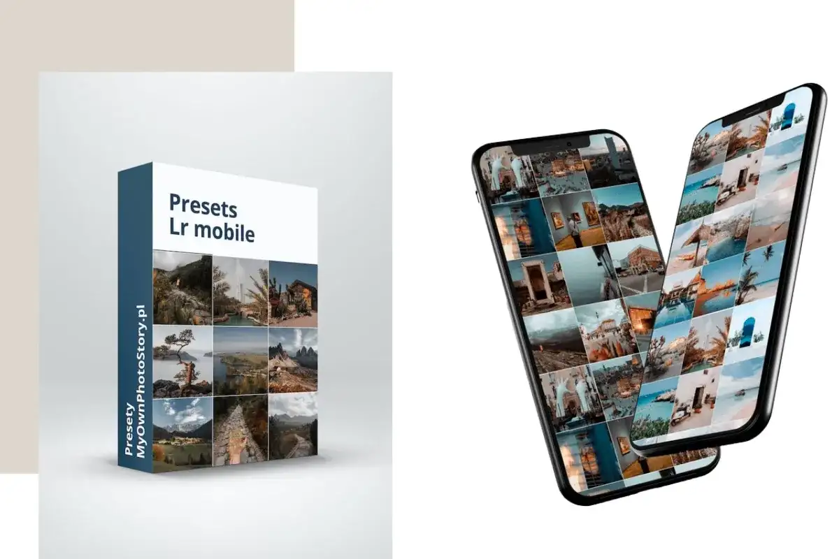 Pudełko z napisem "Presets Lr mobile" i dwa telefony z siatkami zdjęć. Dowiedz się, co to presety i jak ulepszyć swoje fotki!
