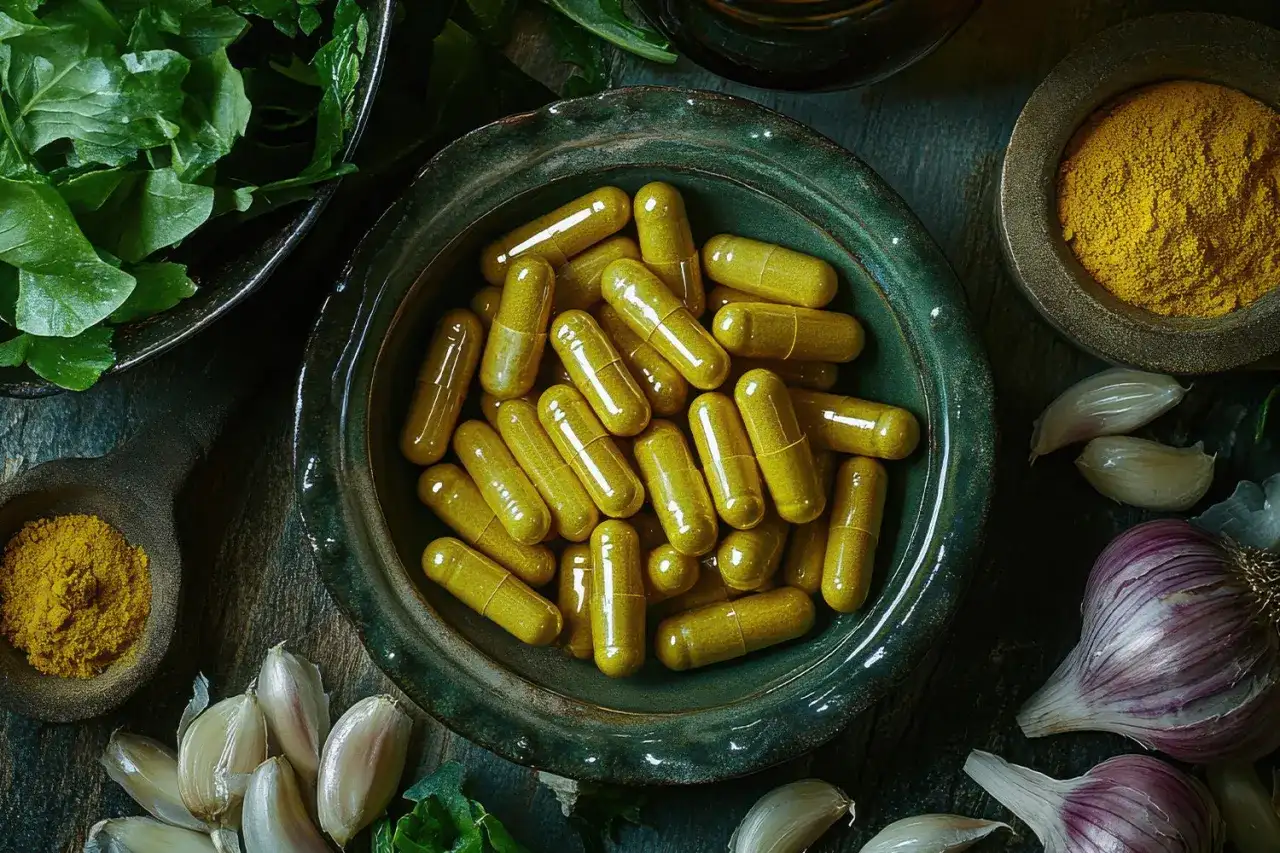 Żółte kapsułki w misce, obok czosnku i proszku.