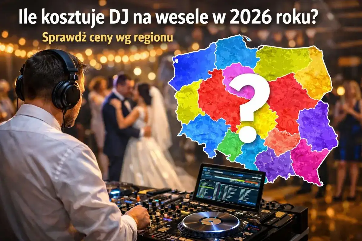 DJ na weselu, mapa Polski podzielona na kolorowe regiony z pytajnikiem.