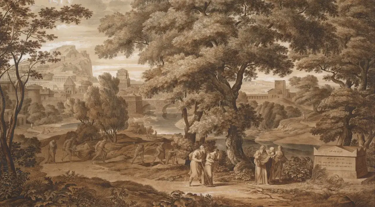 Scena z antycznego krajobrazu, gdzie ludzie niosą zmarłego. W tle miasto i ruiny. Obraz odzwierciedla, jakie są najczęstsze cechy bohatera tragicznego w literaturze klasycznej: upadek i cierpienie.