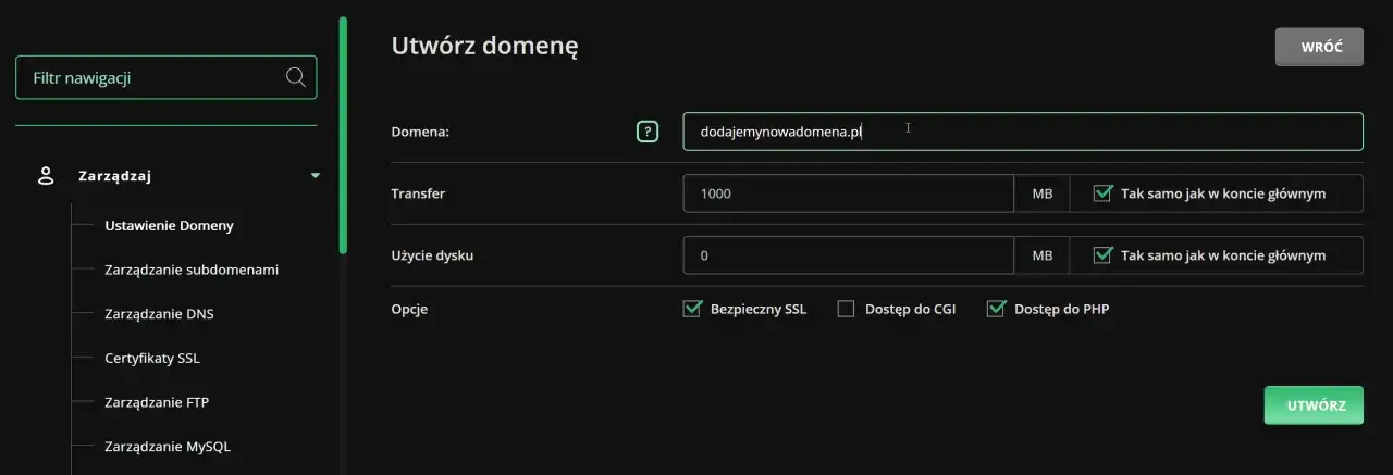 Formularz "Utwórz domenę" pozwala na dodanie nowej domeny, ustawienie transferu, użycia dysku i opcji.