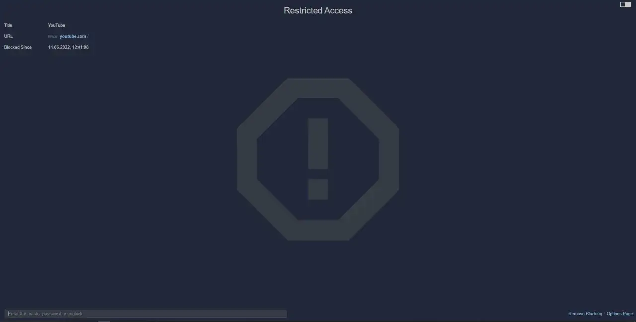 Ekran informuje, jak zablokować YouTube w przeglądarce. Widoczny jest symbol ostrzeżenia i pole do wpisania hasła.