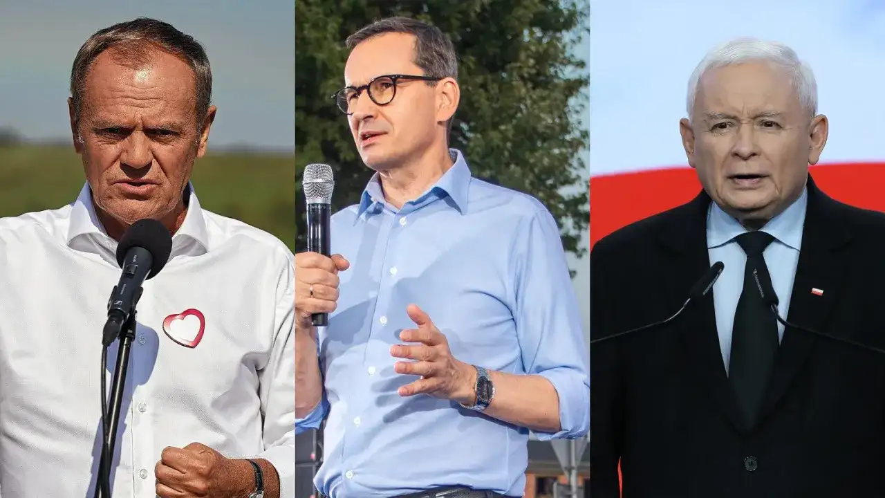 Trzech polityków: Donald Tusk, Mateusz Morawiecki i Jarosław Kaczyński. Choć nie widać tego na zdjęciu, ile wzrostu ma Donald Tusk, to jego postawa jest pewna.