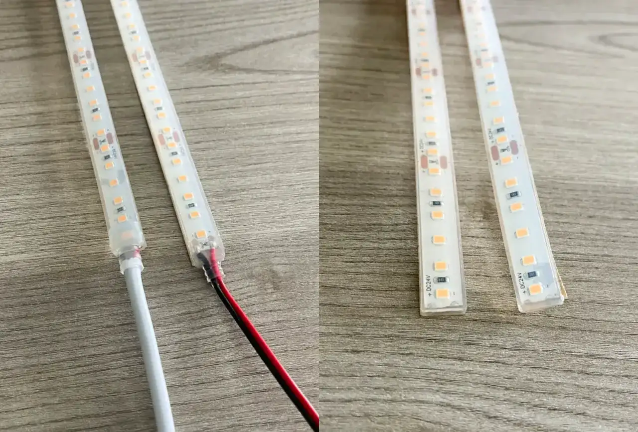 Dwie taśmy LED z widocznymi połączeniami i przewodami, jedna z białym kablem, druga z czerwonym i czarnym.