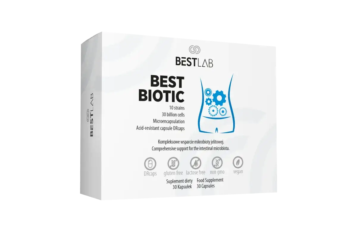 Opakowanie probiotyku Best Biotic z grafiką jelit i ikonami.