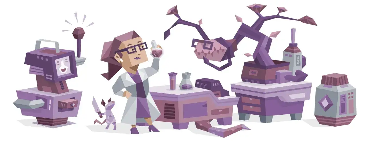 Kobieta z okularami, przypominająca typ **intp osobowość**, bada tajemnicze mikstury w swoim laboratorium pełnym dziwnych urządzeń i roślin.