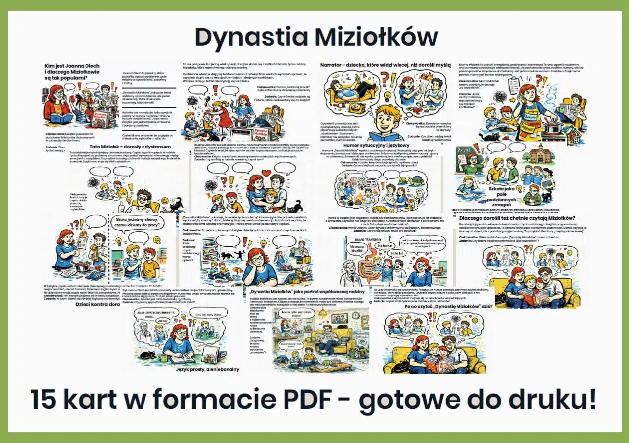 Recenzja książki "Dynastia Miziołków" – ilustrowane karty PDF z humorem i mądrością o rodzinie.