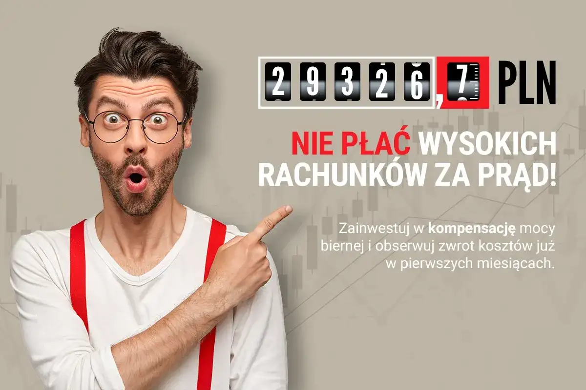Zaskoczony mężczyzna wskazuje na licznik pokazujący wysokie rachunki za prąd. Optymalizacja współczynnika przesunięcia fazowego to klucz do oszczędności.