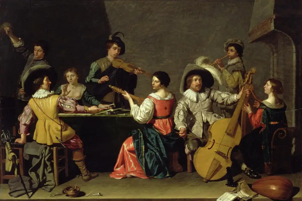 Grupa muzyków gra na instrumentach. Widać, jak wygląda wiolonczela, skrzypce, lutnia i flet.