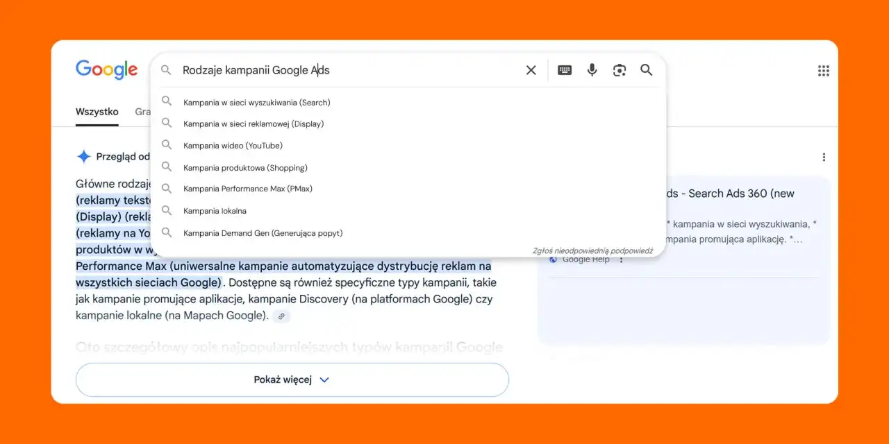 Wyszukiwarka Google pokazuje różne rodzaje kampanii reklamowych: w sieci wyszukiwania, Display, wideo, produktowe, Performance Max, lokalne i Demand Gen.