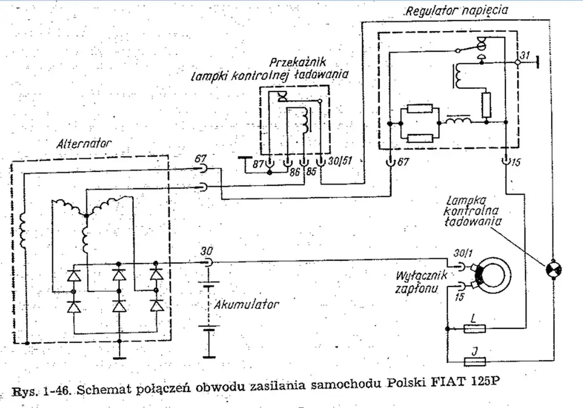 Schemat elektryczny alternatora, przekaźnika, regulatora napięcia i lampki kontrolnej ładowania.