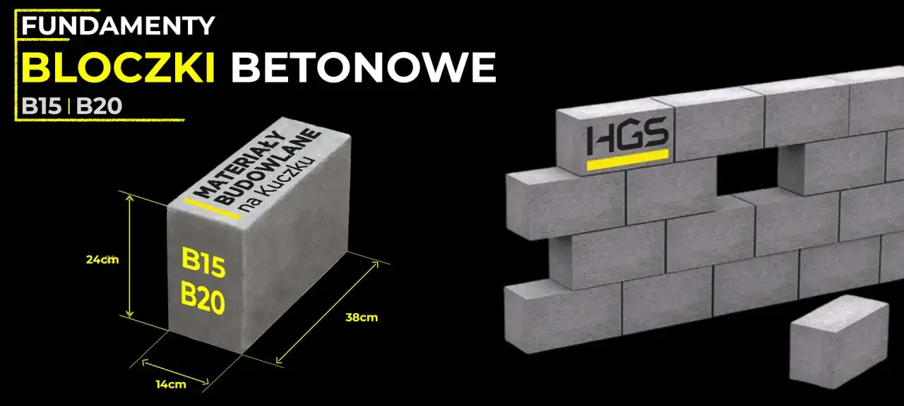 Bloczki betonowe B15 i B20 do fundamentów. Wymiary: 38x24x14cm. HGS.
